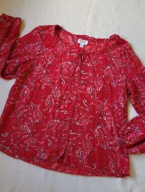 Silk Long-sleeved Blouse Women's Size XL Red Floral Boho Talbots